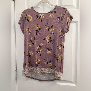 Size small purple gold floral flower top shirt blouse lace trim back cut out